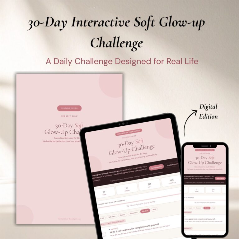 30-Day Interactive Soft Glow-Up Challenge mockup, printable and digital editions