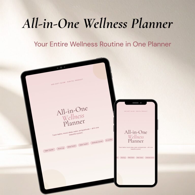 All-in-One Wellness Planner mockup on tablet and phone