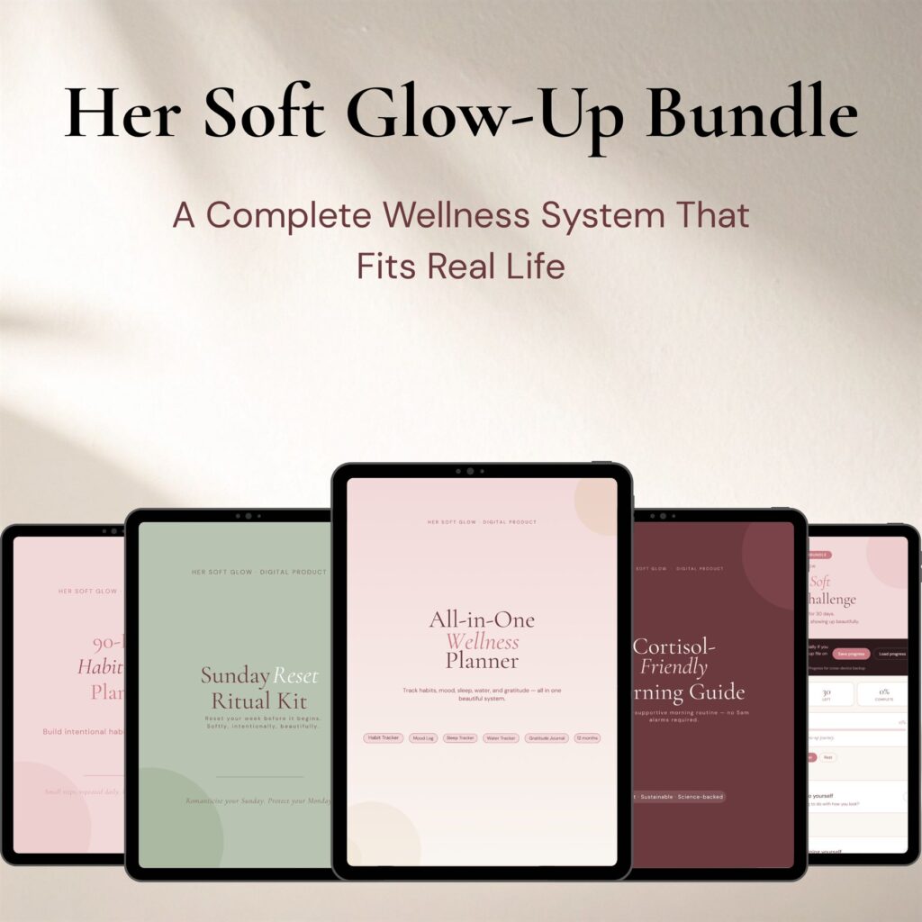 Her Soft Glow-Up Bundle mockup shown across tablets: planners, guides and challenge