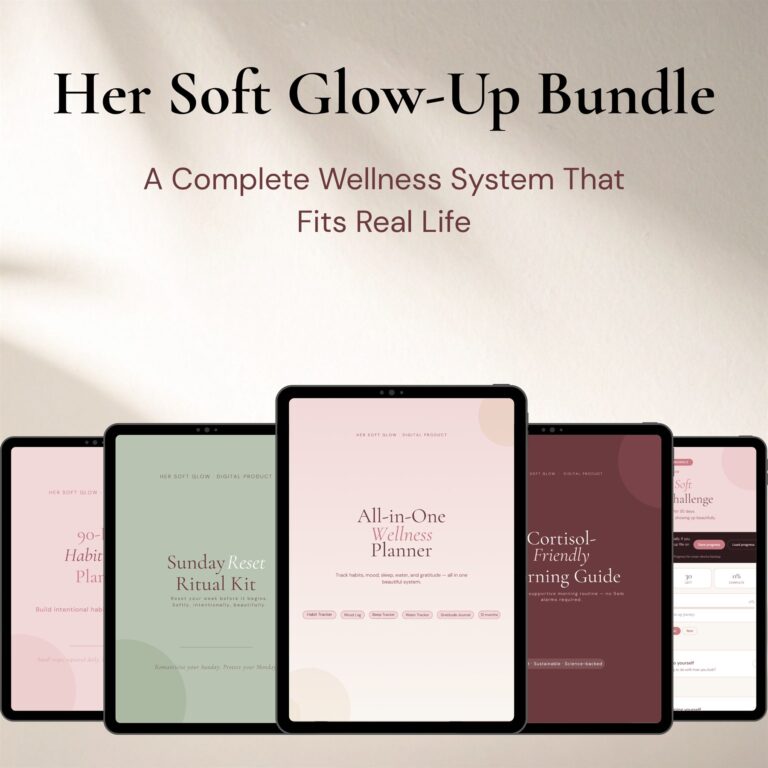 Her Soft Glow-Up Bundle mockup shown across tablets: planners, guides and challenge
