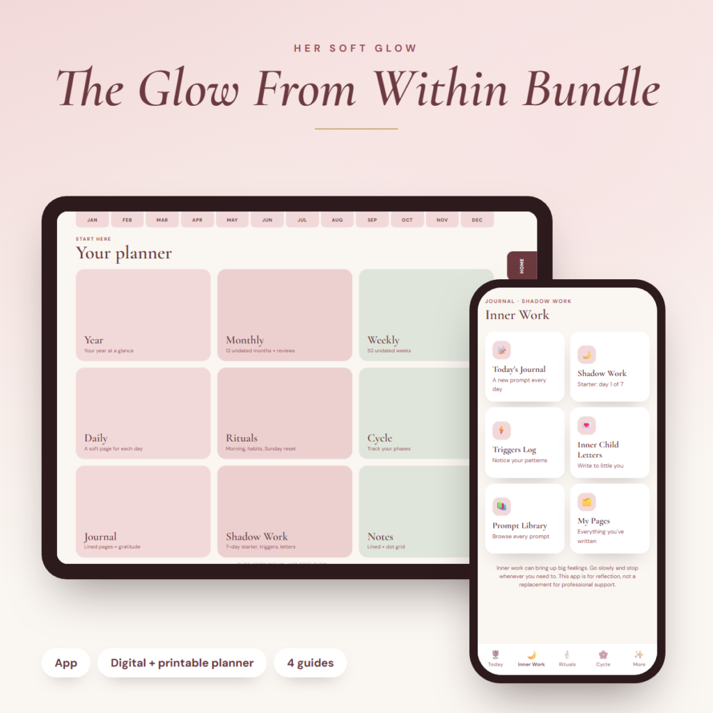 The Glow From Within Bundle: the Soft Glow App on a phone and the digital planner on a tablet