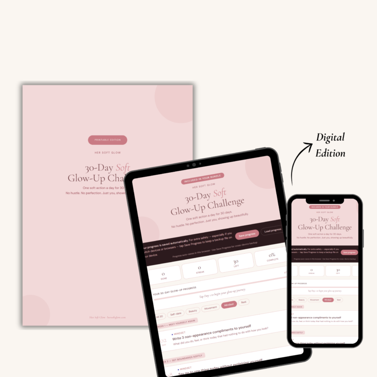 30-Day Soft Glow-Up Challenge mockup, printable and digital edition