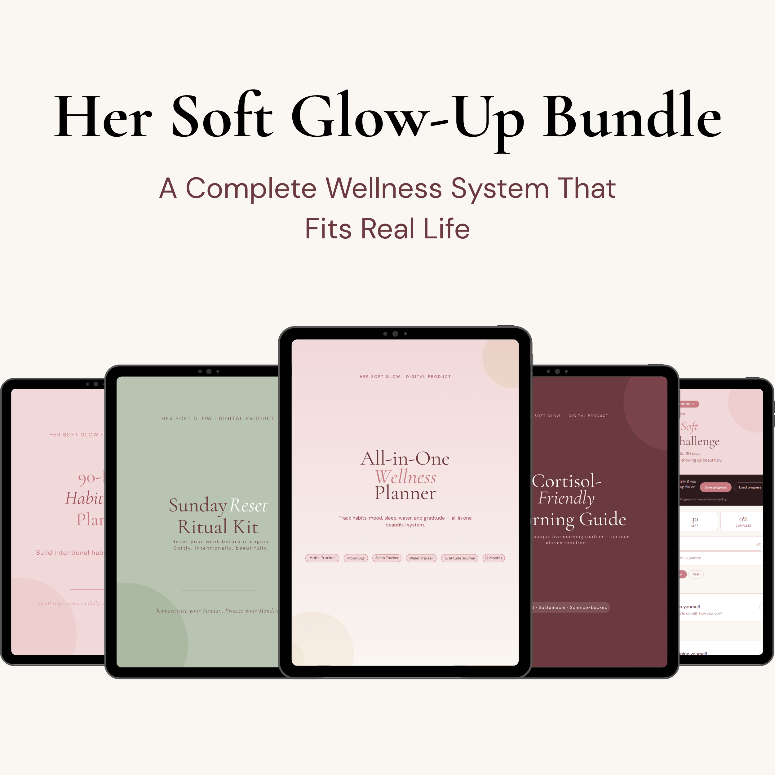 Her Soft Glow-Up Bundle, all five products shown together